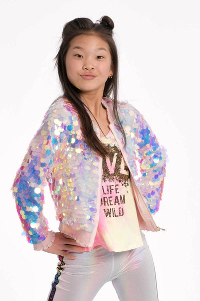 Little Girls Holographic Sequin Bomber Jacket